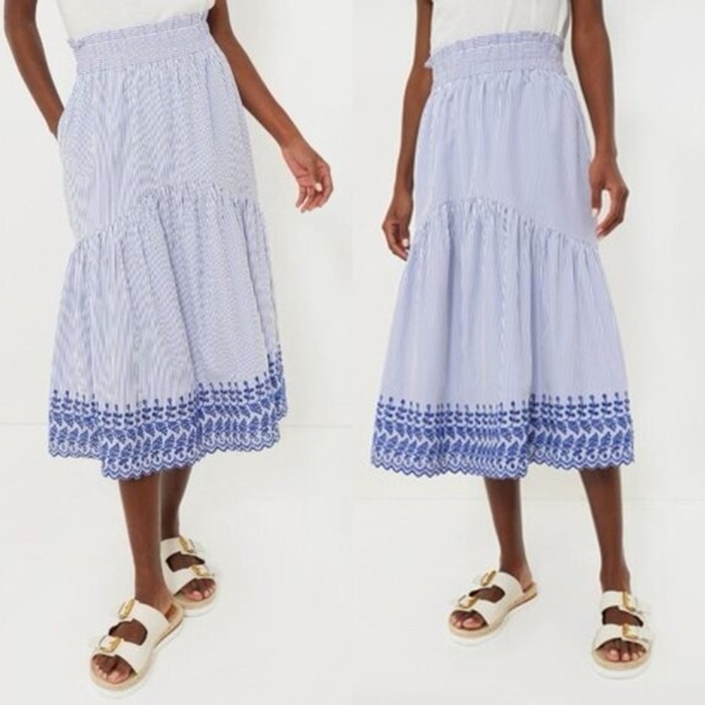NWT Tuckernuck Blue White Eyelet Stripe Cinza Embroidered Midi Skirt Size Small